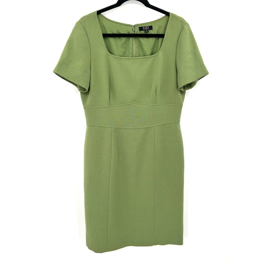 ALEX MARIE Green Square Neck Short Sleeve Sheath Dress Women's Size 10 Zip Back